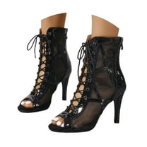 Stiletto Heels for Women Ballroom Dance Shoes Fashion Mesh Dancing Shoes Lace up Boots Open Toe High Top Sandals, Black, Size 5.5
