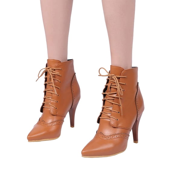 Stiletto High Heel Dress Combat Boots for Women Leather Lace up Pointed Toe Winter Fall Short Ankle Booties