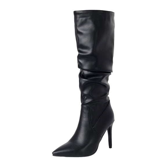 Stiletto High Heels Slouchy Knee High Boots for Women Fashion Pointed Toe Wide Calf Riding Booties Comfortable Prom Party Dress Shoes Black Size 8.5