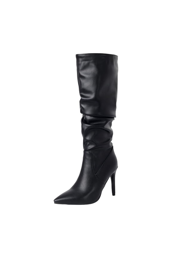 Stiletto High Heels Slouchy Knee High Boots for Women Fashion Pointed Toe Wide Calf Riding Booties Comfortable Prom Party Dress Shoes Black Size 8.5