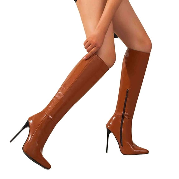 Stiletto Knee High Boots for Women Ladies Sexy Fashion Leather Pointed Toe Dress Pumps Knee Length Long Tall Boots