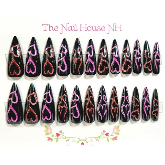 Stiletto Love Glossy Black Stiletto Press On Nails With Hearts - 24 Pieces - Artificial Nail Kit