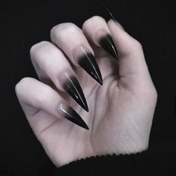 Stiletto Press on Nails Gothic Fake Nails Dark Witch Nails with French Design Halloween Press on Nails Glossy Acrylic Nails Reusable Stick on Nails for Women and Girls Cosplay Manicure 24Pcs HA034 24