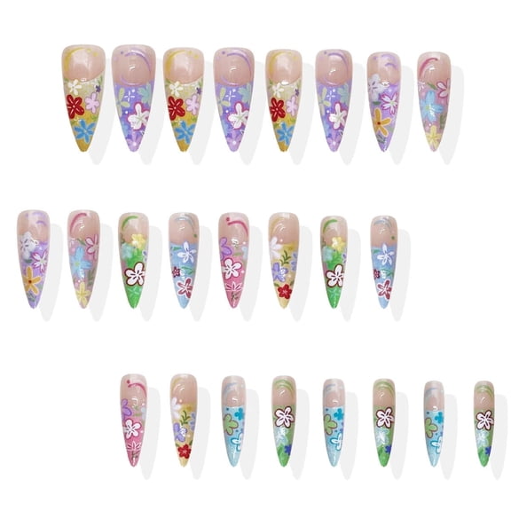 Press on Nails Long Almond Fake Nails with Spring & Summer Flower Design Acrylic Glue on Nails for Women Girls Full Cover Artificial False Stick on Nail for Daily Wear Wedding 24Pcs