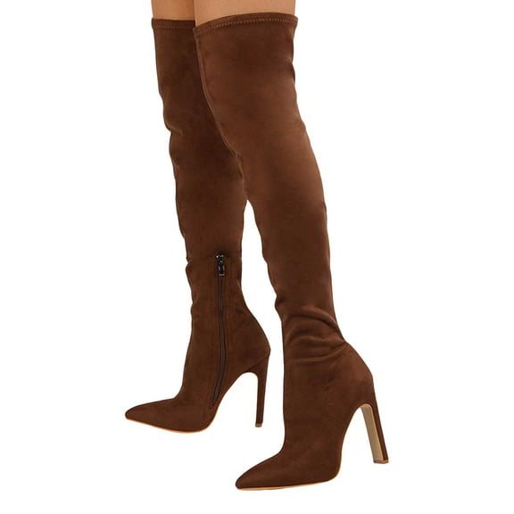 Stiletto Thigh High Boots for Women Fashion Suede Pointed Toe High Heels Dress Pumps Over-The-Knee Long Boots Brown