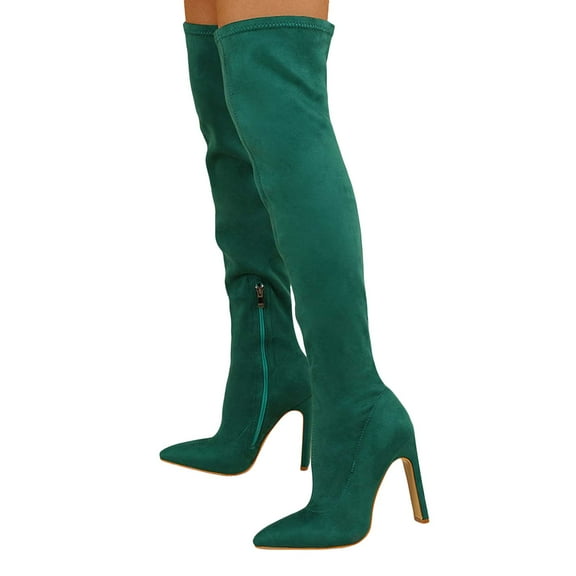 Stiletto Thigh High Boots for Women Fashion Suede Pointed Toe High Heels Dress Pumps Over-The-Knee Long Boots Green