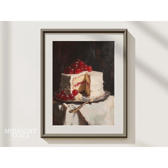 Still Cake, Classic Art Print, Antique Alternative, Opulent Cherry Cake Wall Art, Modern Wall Decor, 8x12 UNFRAMED