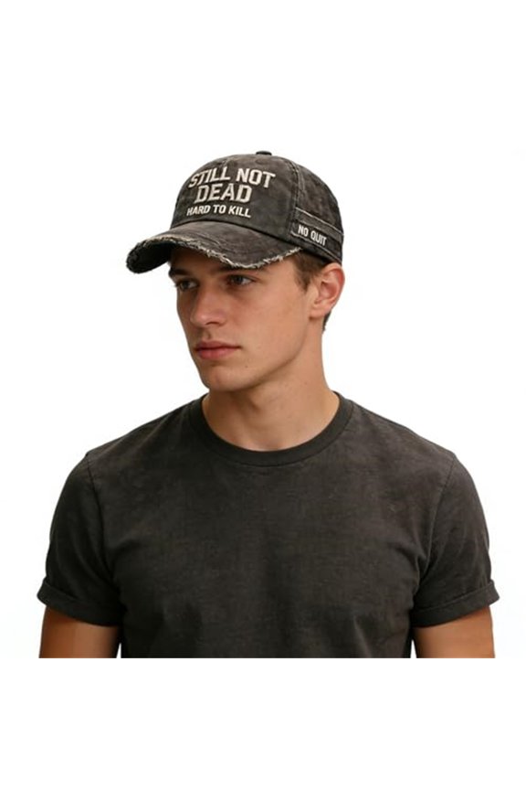 Still Not Dead Embroidered Distressed Baseball Cap, Hardcore Style Dad Hat for Men and Women, Washed Cotton Adjustable Vintage Cap for Daily Wear and Rebellious Fashion Statements - Black