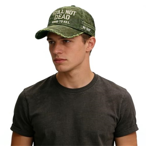 Still Not Dead Embroidered Distressed Baseball Cap, Hardcore Style Dad Hat for Men and Women, Washed Cotton Adjustable Vintage Cap for Daily Wear and Rebellious Fashion Statements - Army Green