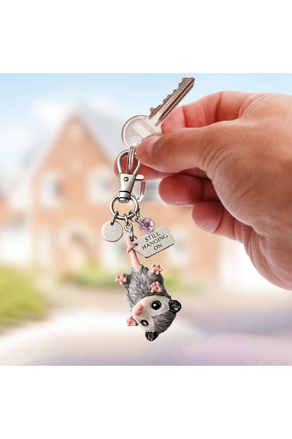 Still Hanging On Opossum Keychain, Inspirational 3D Charm with Birthstone Crystal, 3.5 Inch Encouragement Gift for Friends & Family