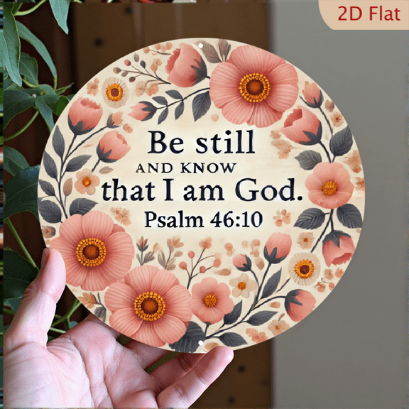 Be Still and Know That I Am God Psalm 46 10 Wall Art, Round Aluminum Metal Sign, Floral Inspirational Scripture Home Decor, 8 x 8 Inch Decorative Plaque