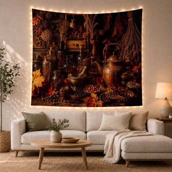Still Life Apothecary with Herbalist Cluttered Assortment, Mystical Fantasy for Space Lovers, Wall Decor, Mother'S Day Gift, Tapestry Wall Hanging for Dorm and Living Room