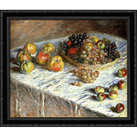 Still Life with Apples And Grapes 32x28 Large Black Ornate Wood Framed Canvas Art by Claude Monet