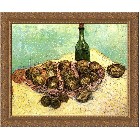 Still Life Bottle, Lemons and Oranges 24x20 Gold Ornate Wood Framed Canvas Art by Vincent van Gogh