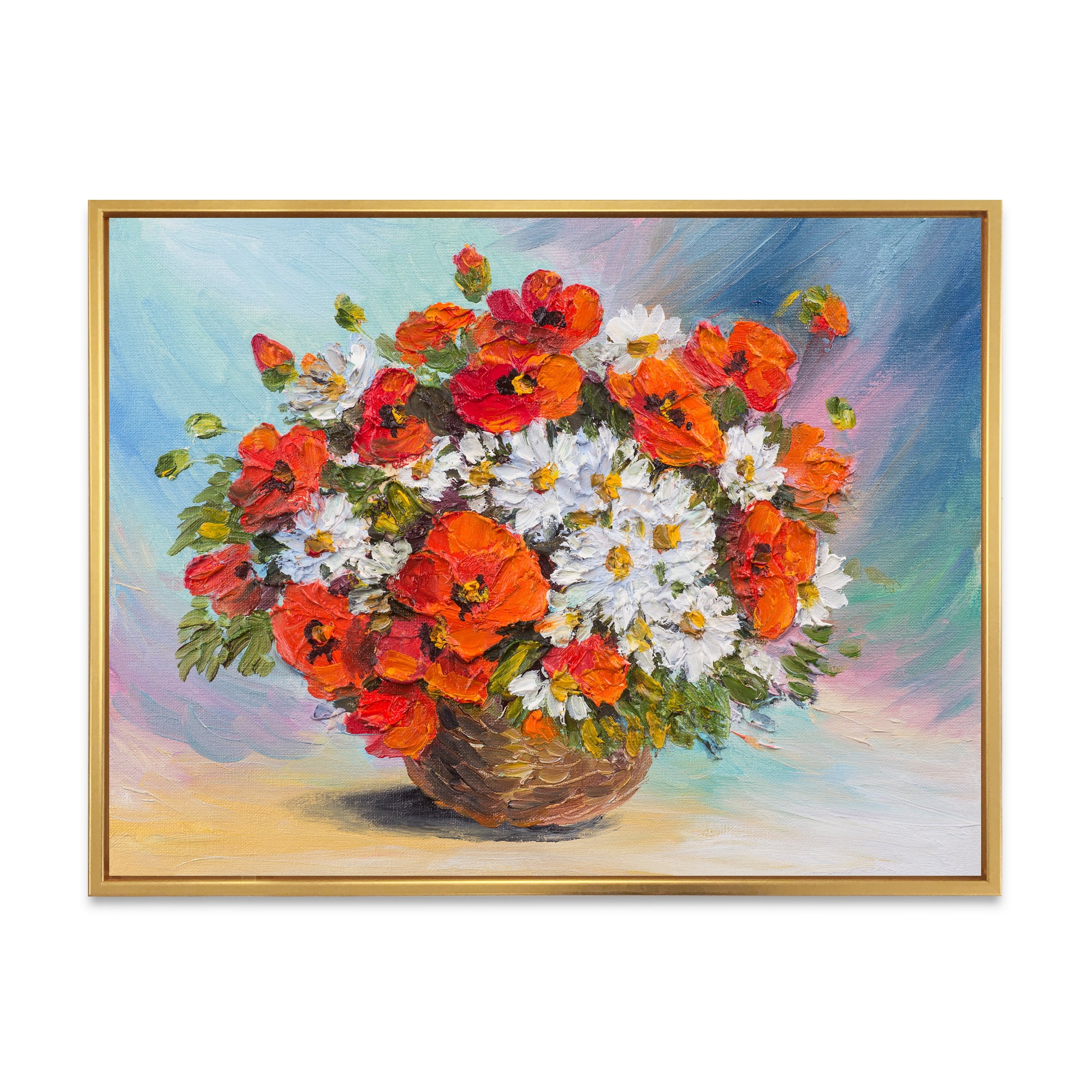 Still Life Bouquet Of Daisies and Poppies 20 in x 12 in Framed Painting Canvas Art Print, by Designart