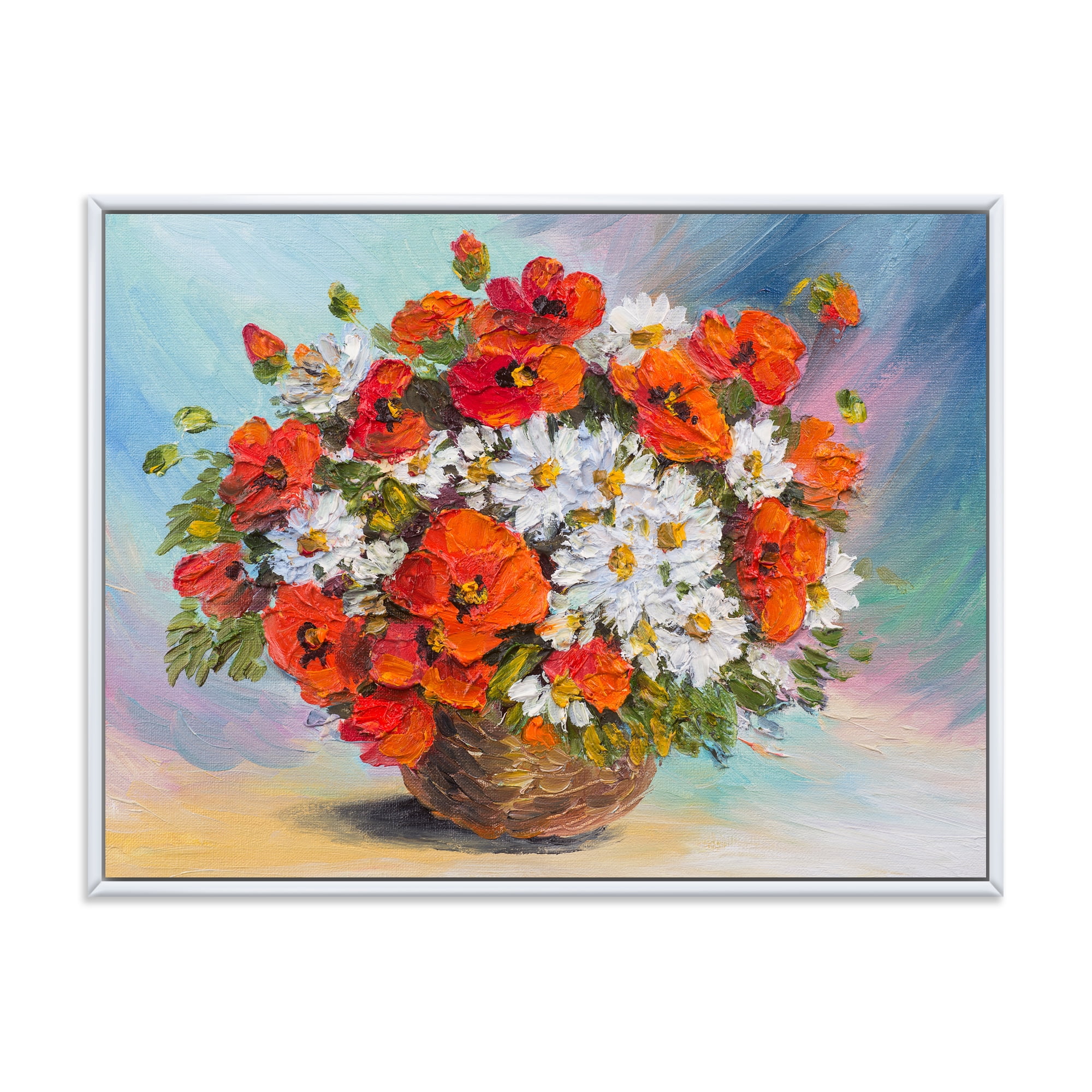 Still Life Bouquet Of Daisies and Poppies 32" x 24" Framed Painting Canvas Art Print, by Designart
