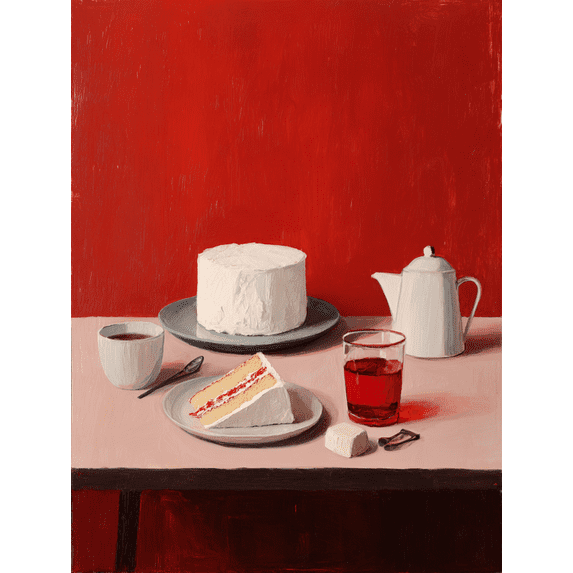 Still Life Cake and Red Tea Canvas Print, Decor for Living Room, Dining Room, Kitchen, Cafe, Restaurant, Bar