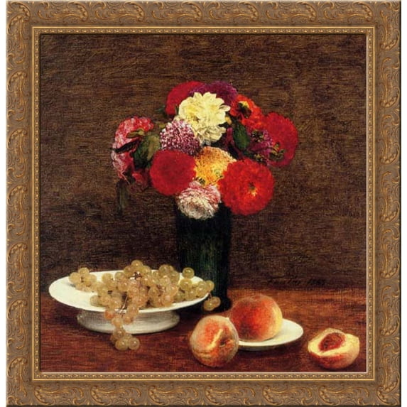 Still Life: Dahlias in a Green Vase 20x20 Gold Ornate Wood Framed Canvas Art by Fantin Latour, Ignace Henri Jean Theodore