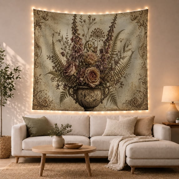 Still Life Floral With Arrangement Ornate Weathered Textured, Mystical Fantasy for Space Lovers, Galaxy Room Decor, Valentine's Day Gift, Tapestry Wall Hanging for Bedroom and Dorm
