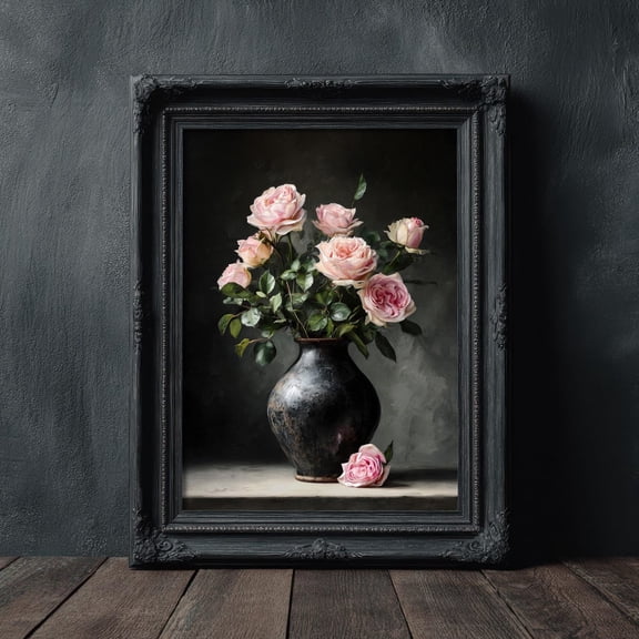 Still Life Flower Vase Painting Dark Academia Gothic Floral Rose Painting Vintage Wall Art Unframed Paper Print