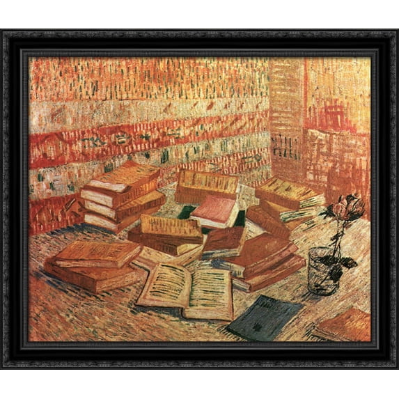 Still Life - French Novels and Rose 34x28 Large Black Ornate Wood Framed Canvas Art by Vincent van Gogh