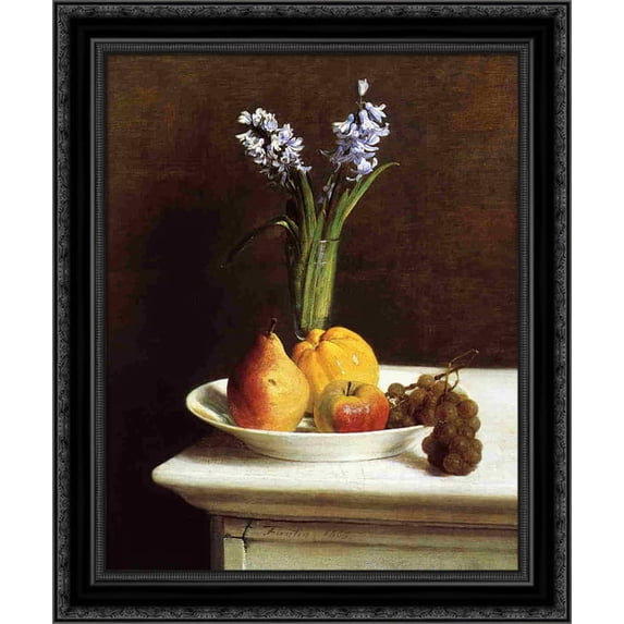 Still Life: Hyacinths and Fruit 20x23 Black Ornate Wood Framed Canvas Art by Fantin Latour, Ignace Henri Jean Theodore