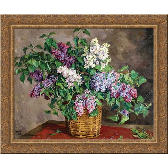 Still Life. Lilacs in a basket. 24x20 Gold Ornate Wood Framed Canvas Art by Pyotr Konchalovsky