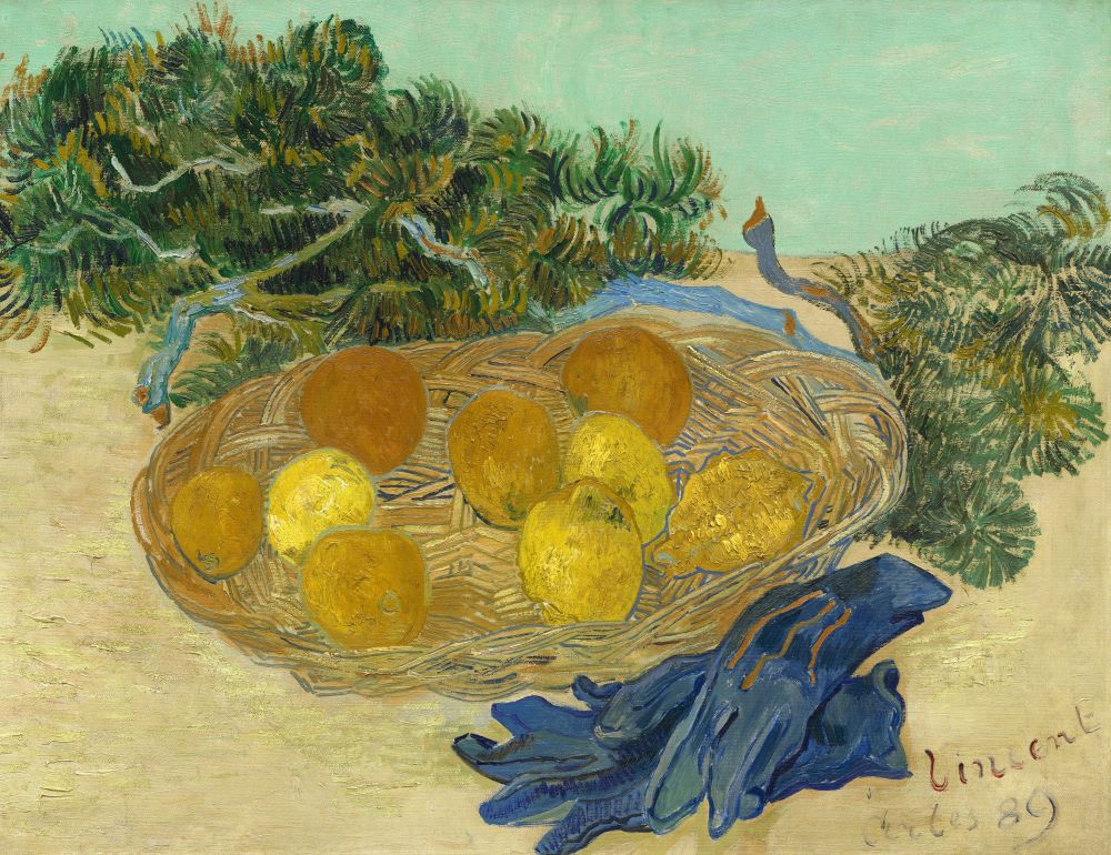 Still Life Of Oranges And Lemons With Blue Gloves Canvas Art -  (24 x 18)