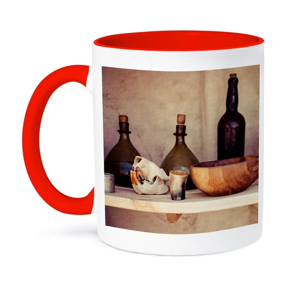 3dRose, Still life of three vintage bottles, wooden bowl, animal skull, 15oz Two-Tone Red Mug
