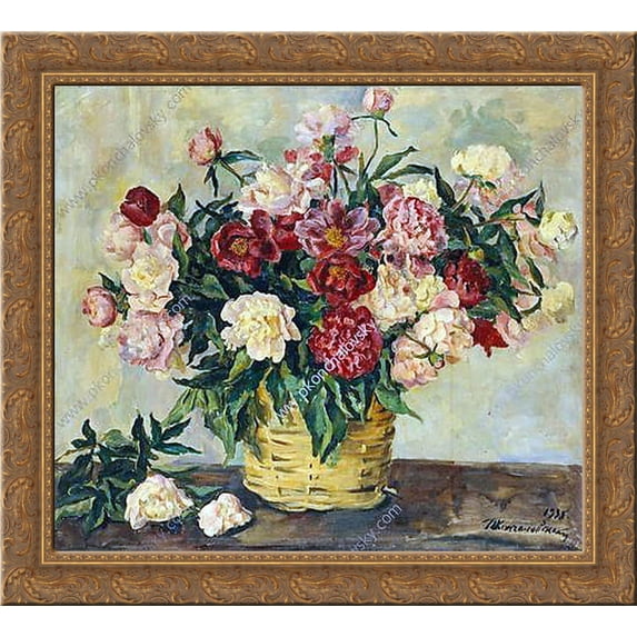 Still Life. Peonies in a basket. 24x20 Gold Ornate Wood Framed Canvas Art by Pyotr Konchalovsky