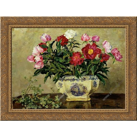 Still Life. Peonies in a porcelain vase. 24x18 Gold Ornate Wood Framed Canvas Art by Pyotr Konchalovsky