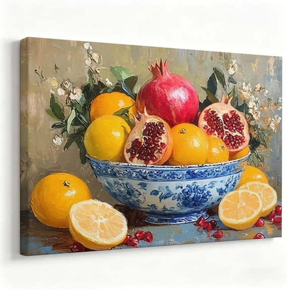 Still Life Pomegranate and Citrus Fruits Canvas Wall Art Impressionist Oil Painting Vintage Blue and White Ceramic Bowl Decor Print Ready to Hang 8*12