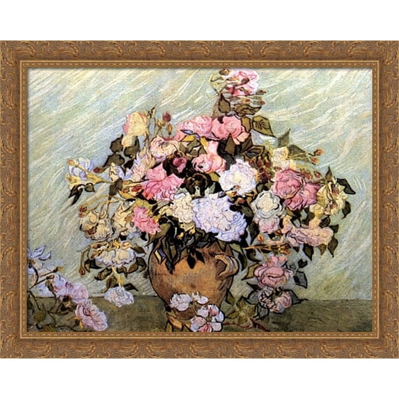 Still Life Vase with Roses 34x28 Large Gold Ornate Wood Framed Canvas Art by Vincent van Gogh