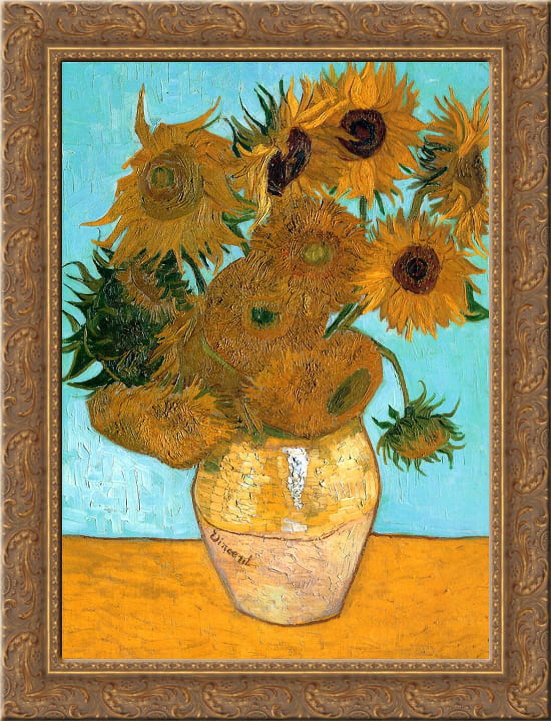 Still Life Vase with Twelve Sunflowers 24x18 Gold Ornate Wood Framed