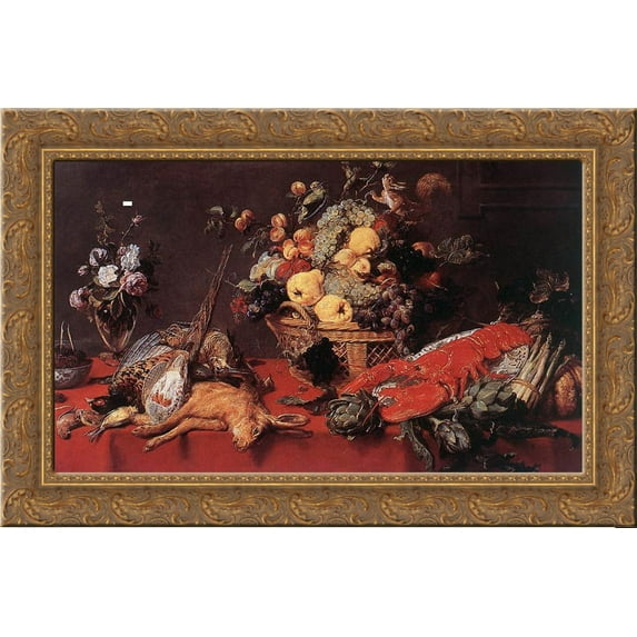 Still Life With A Basket Of Fruit 24x18 Gold Ornate Wood Framed Canvas Art by Frans Snyders