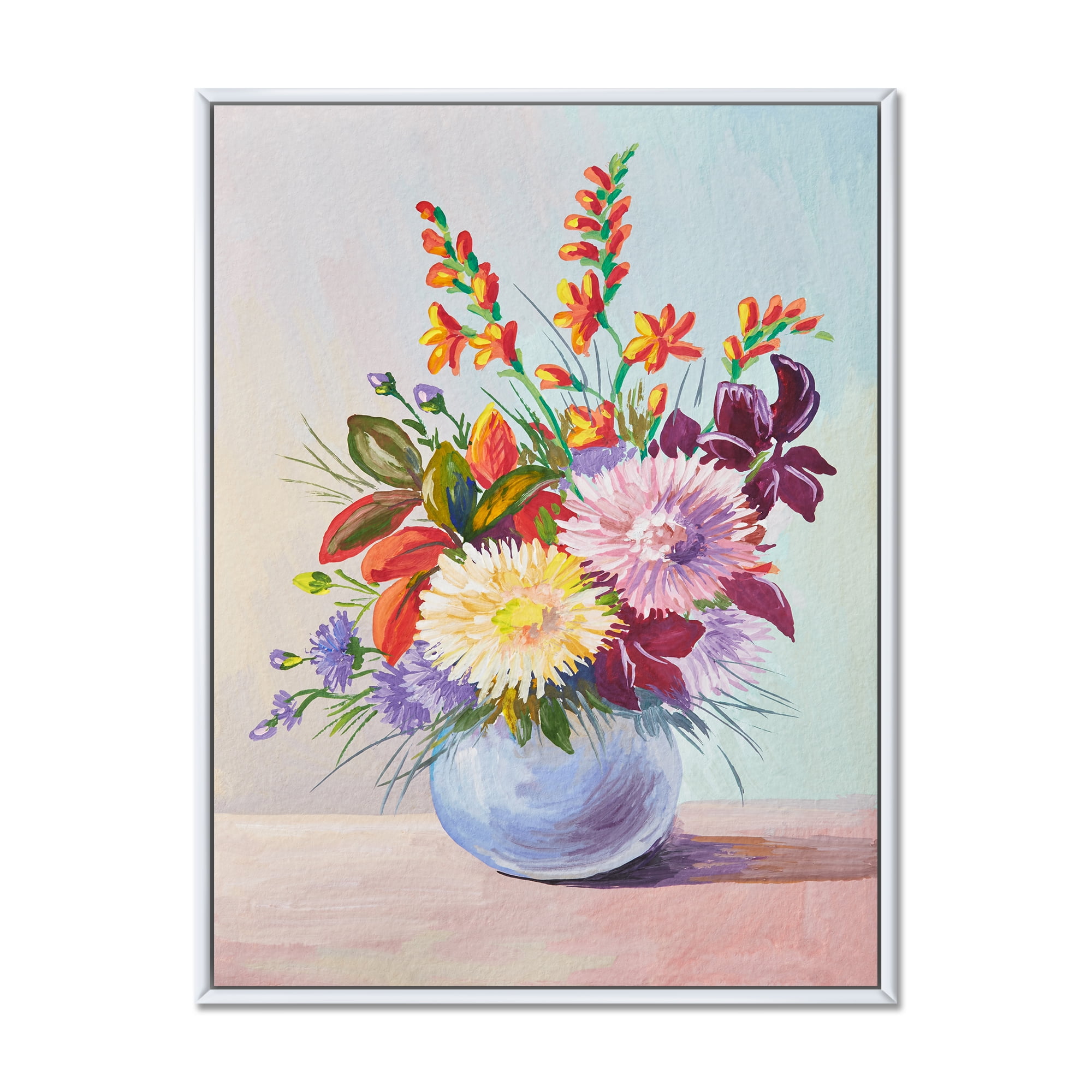 Still Life With Asters On Colorful Flowers In Vase 16 in x 32 in Framed Painting Canvas Art Print, by Designart