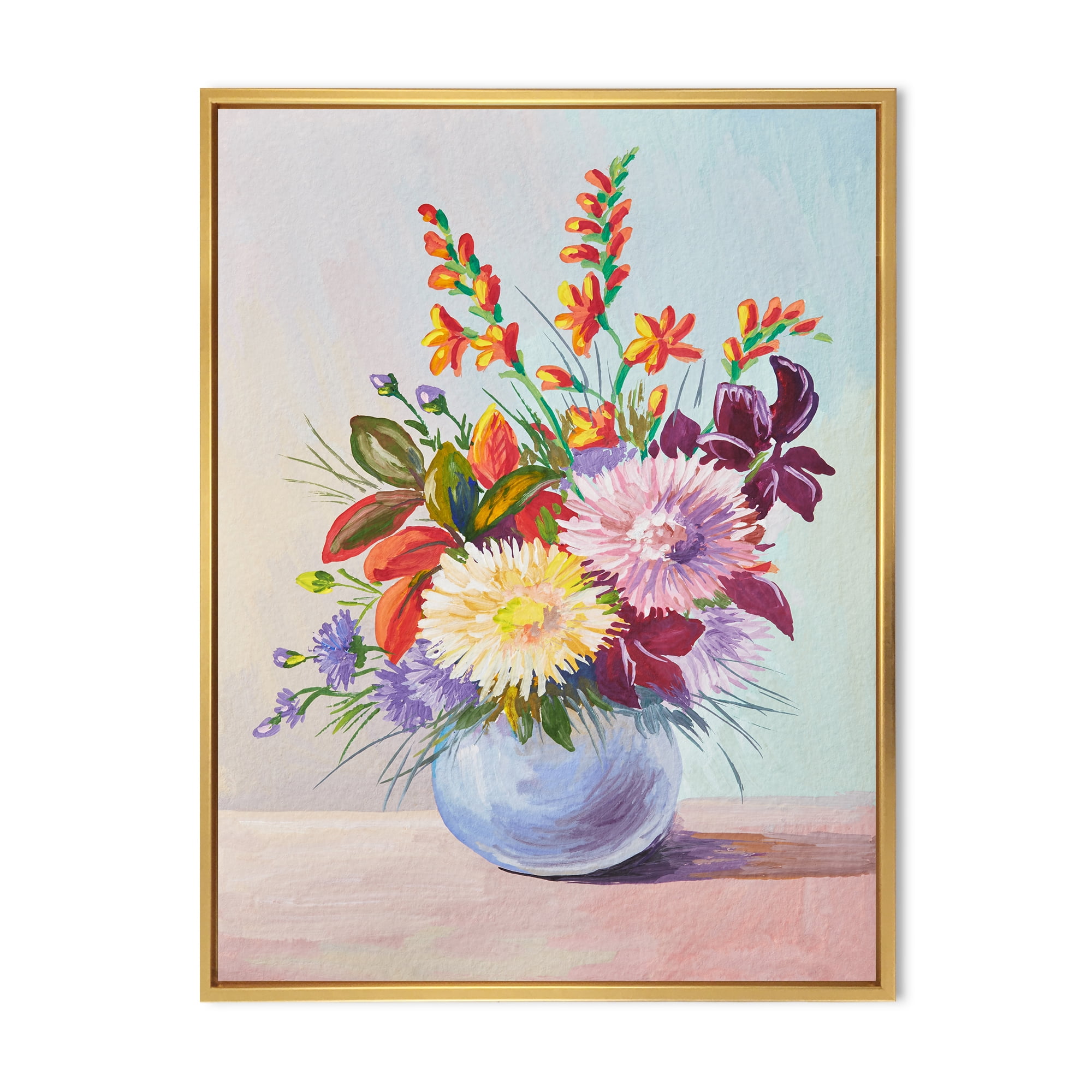 Still Life With Asters On Colorful Flowers In Vase 30 in x 40 in Framed Painting Canvas Art Print, by Designart