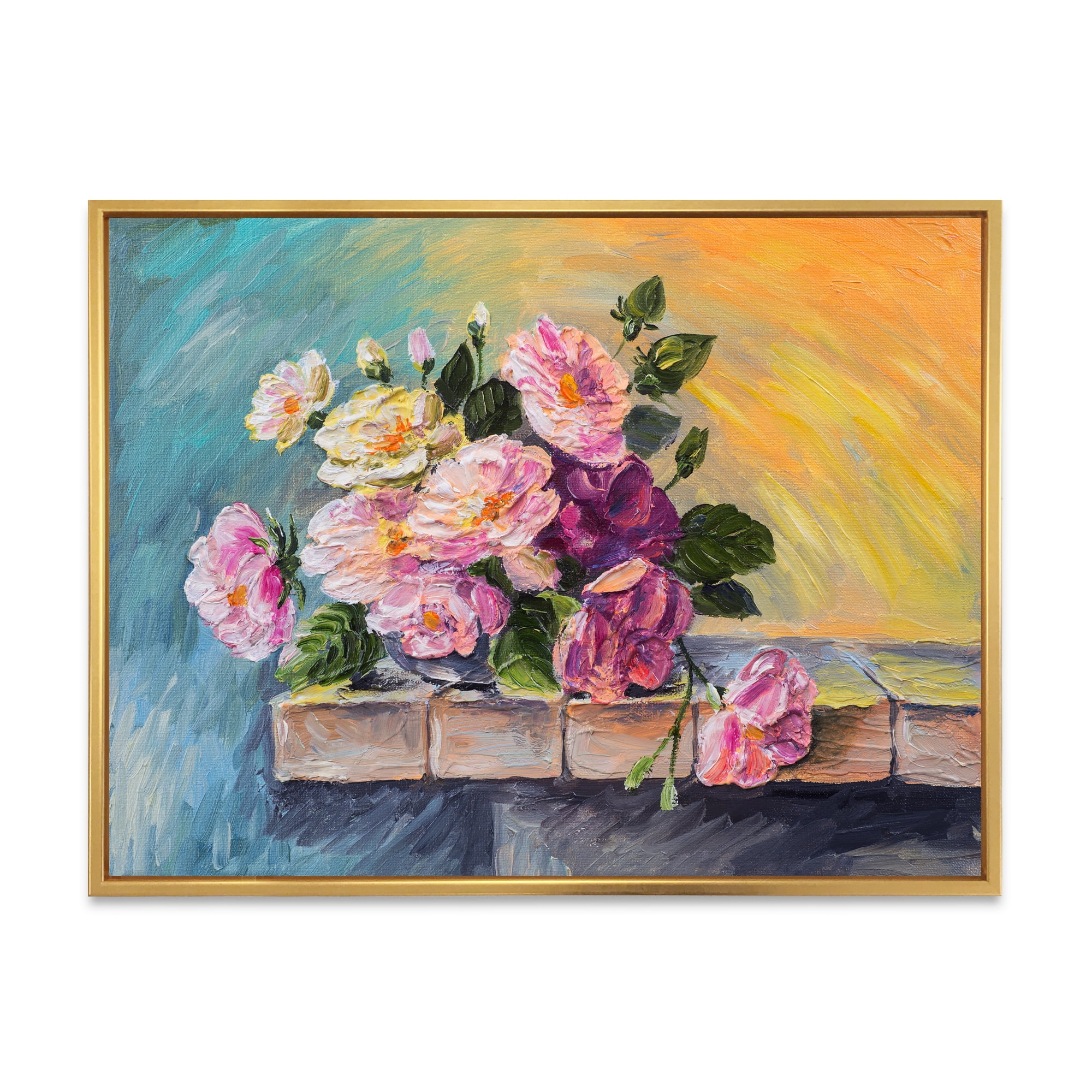 Still Life With Bouquet Of Pink Flowers 20 in x 12 in Framed Painting Canvas Art Print, by Designart