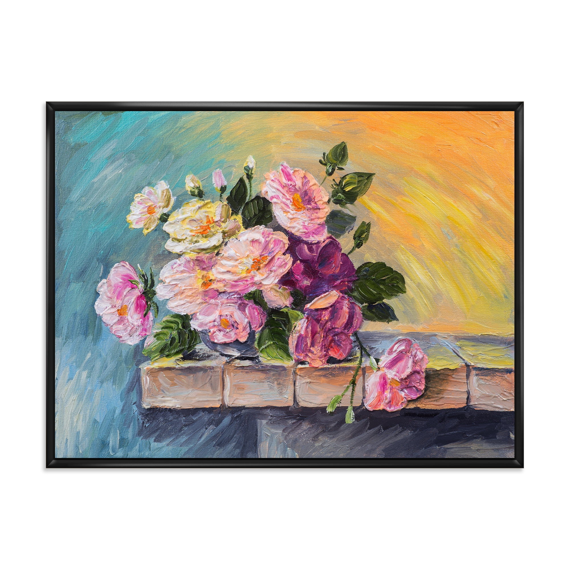 Still Life With Bouquet Of Pink Flowers 32 in x 16 in Framed Painting Canvas Art Print, by Designart