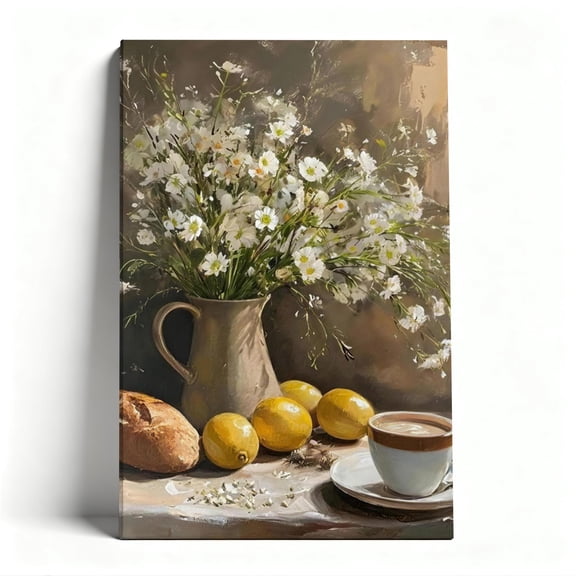 Still Life With Daisies, Lemons, And Coffee Canvas Wall Art, Warm Rustic Decor, Textured Breakfast Artwork For Dining Spaces, Ready To Hang