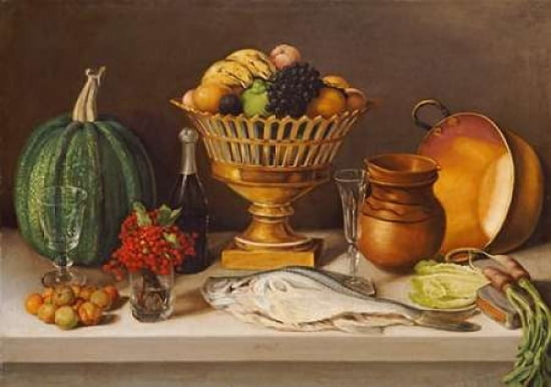 Still Life With Fish and a Pumpkin Canvas Art - Jose Agustin Arrieta (20 x 28)