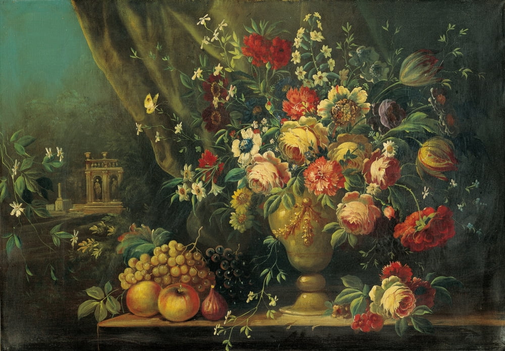 Still Life With Flowers And Fruits (Natura Morta Con Fiori E Frutti) Canvas Art - (24 x 18)