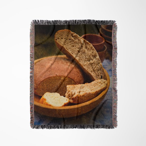 Still-Life With Loafs Of Bread In A Ceramic Plate. Earthenware, Woven Blanket