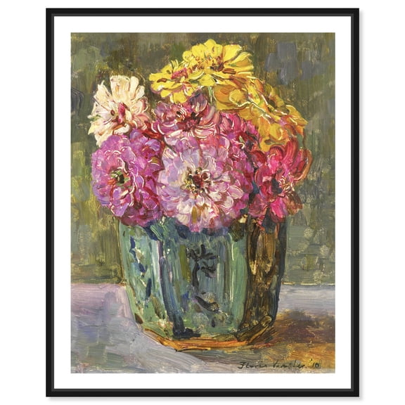 Still Life With Zinnias In A Ginger Pot Canvas Vintage Wall Art by Art Remedy, Black Frame, 16" x 20"