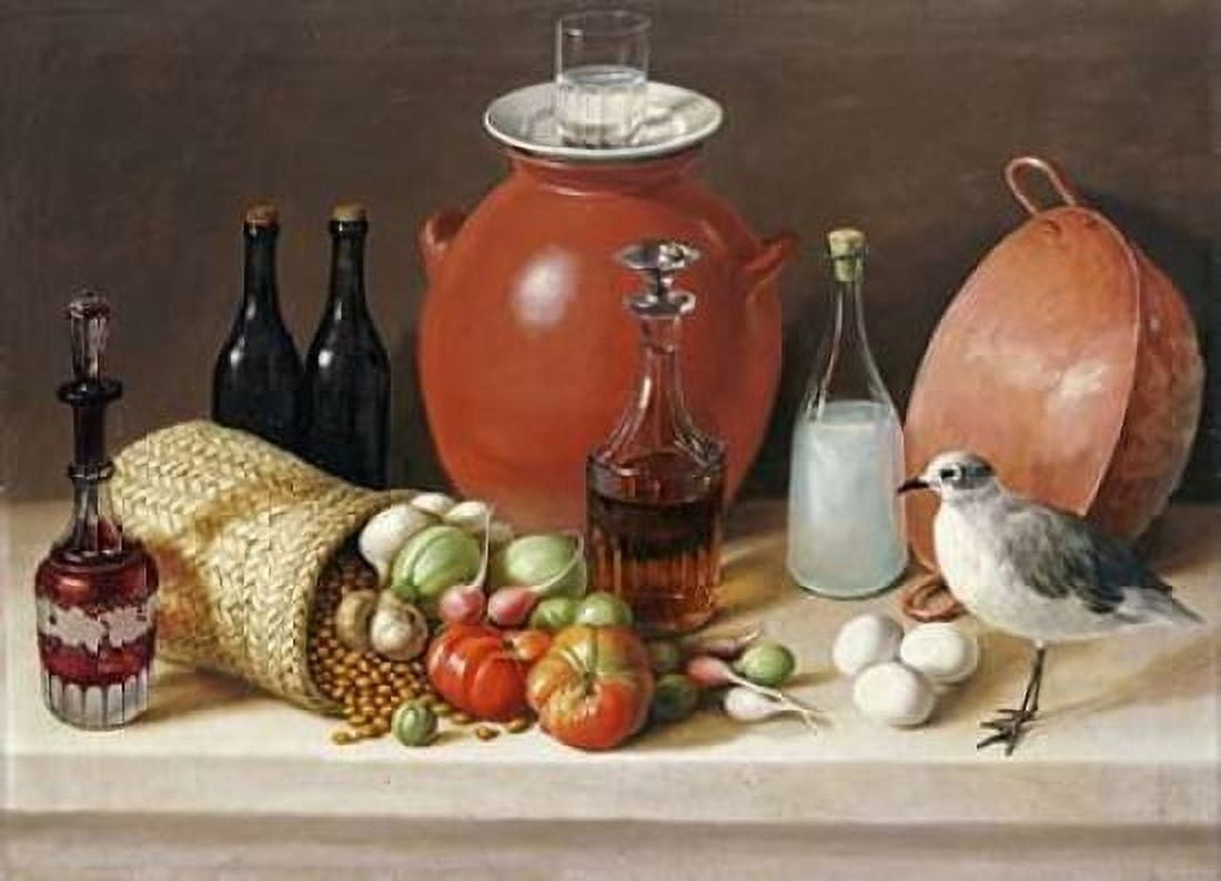 Still Life With a Bird and a Pitcher Canvas Art - Jose Agustin Arrieta (18 x 24)