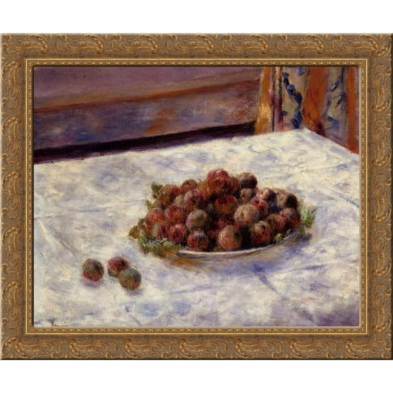 Still Life, a Plate of Plums 24x20 Gold Ornate Wood Framed Canvas Art by Renoir, Pierre Auguste