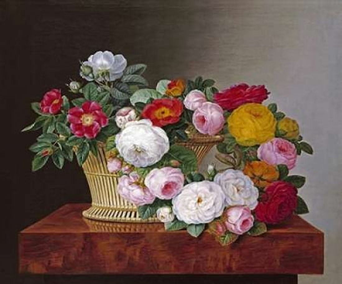 Still Life of Roses In a Basket on a Ledge Canvas Art - Johan Laurents Jensen (20 x 24)