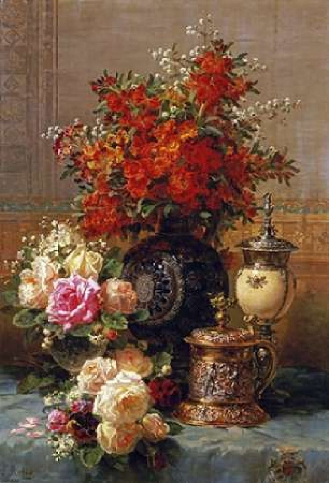 Still Life of Roses and Other Flowers Canvas Art - Jean-Baptiste Robie (24 x 36)