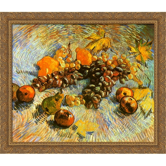 Still Life with Apples, Pears, Lemons and Grapes 32x28 Large Gold Ornate Wood Framed Canvas Art by Vincent van Gogh