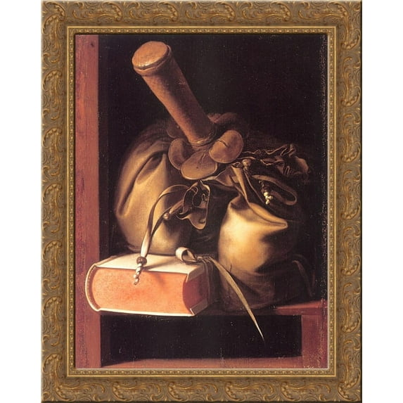 Still Life with Book and Purse 24x20 Gold Ornate Wood Framed Canvas Art by Gerrit Dou